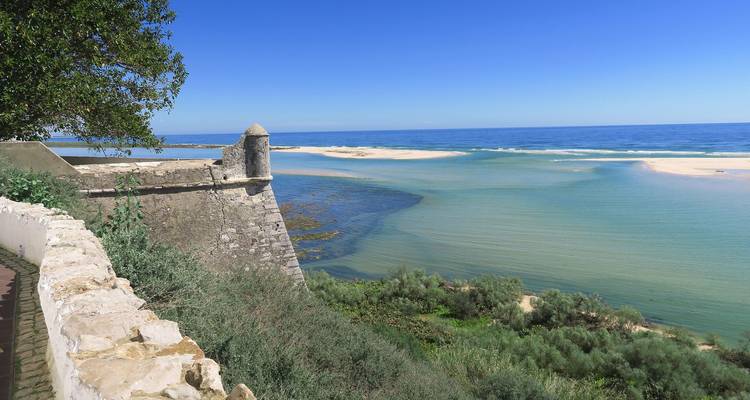 Vue panoramique d'un fort côtier avec des eaux vertes et un ciel dégagé.