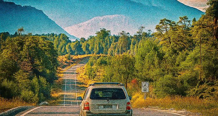 Car driving on a scenic road surrounded by thick forests and mountains.
