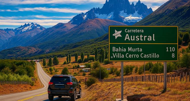 Road sign showing directions on Carretera Austral with a view of beautiful mountain landscape and a road curving ahead.