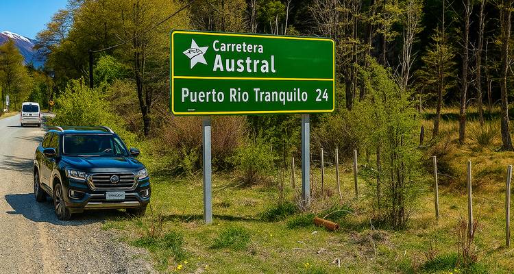 Road sign towards Puerto Rio Tranquilo, lush greenery, and mountains in the background.