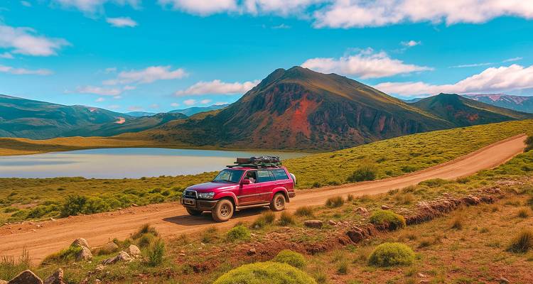 A car driving on a scenic road next to a mountain with a lake in the background.