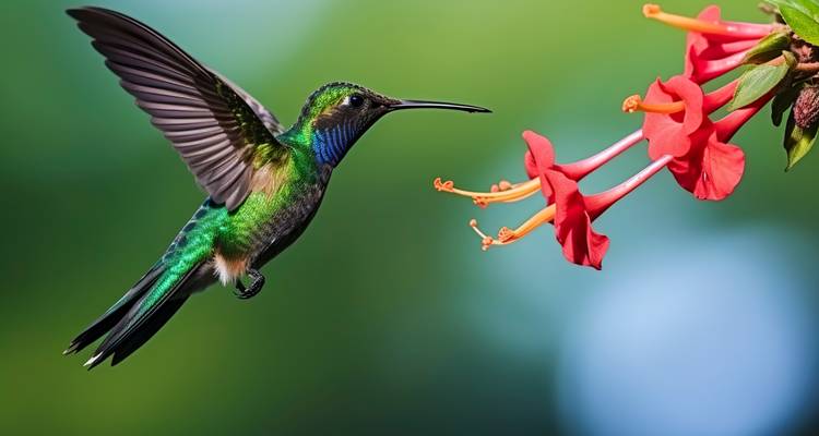 Colibri en vol s'approchant d'une fleur rouge, arrière-plan lumineux.