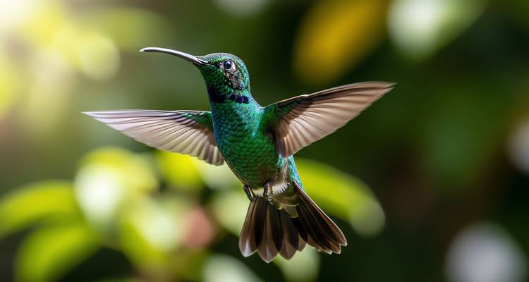 Colibri vert en vol sur un arrière-plan flou.