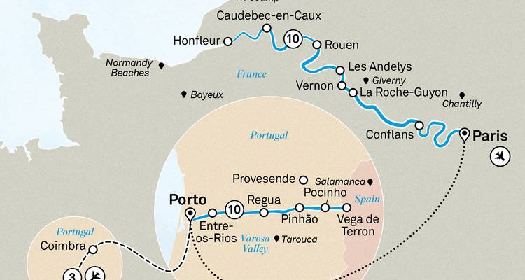 Kaart die een reisroute van Parijs naar Porto met tussenstops belicht.