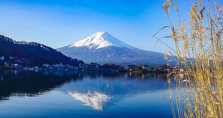 View of Mount Fuji with a reflection in a lake.