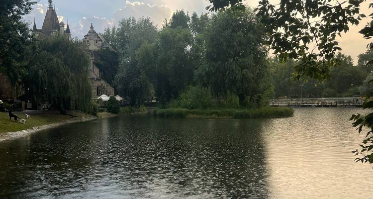 Lac ou étang avec des arbres and un bâtiment en arrière-plan.