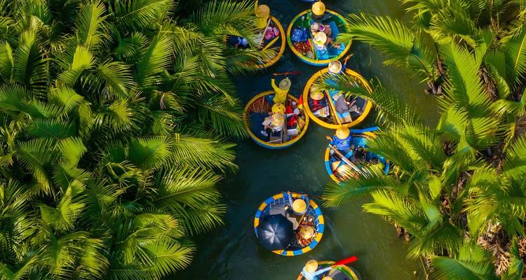 Vue aérienne de bateaux ronds colorés entourés d'une végétation luxuriante.