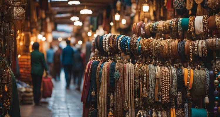 Callejón de mercado abarrotado que exhibe joyería colorida y ornamentos.