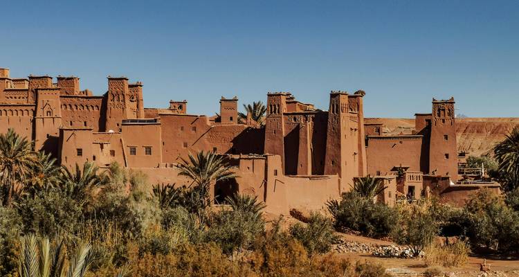 Une forteresse désertique traditionnelle avec des palmiers qui l'entourent.