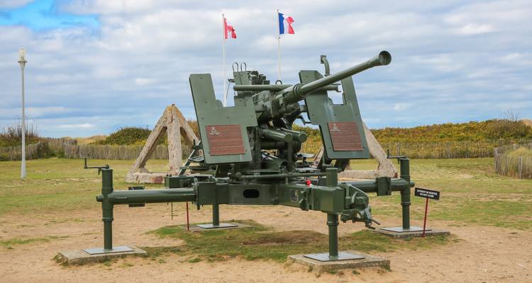 Exposition d'artillerie militaire avec des drapeaux en arrière-plan.