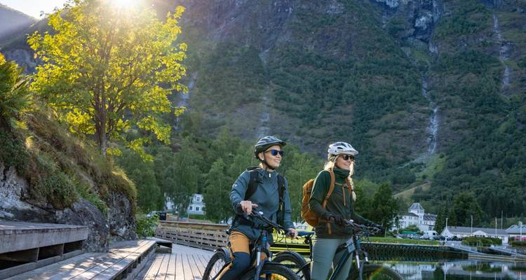 Two cyclists pause on a wooden boardwalk near a tranquil fjord village, sun filtering through a tree and high cliffs beyond.