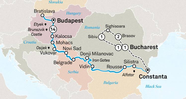 Mapa del itinerario de crucero del Danubio al Mar Negro, circuito de Budapest a Constanta y Bucarest