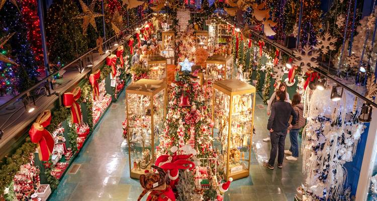 Scène festive intérieure avec des décorations de Noël et des personnes admirant la présentation.