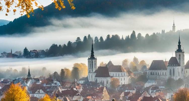 Brouillard couvrant une pittoresque vieille ville avec des églises et des arbres aux couleurs d'automne.