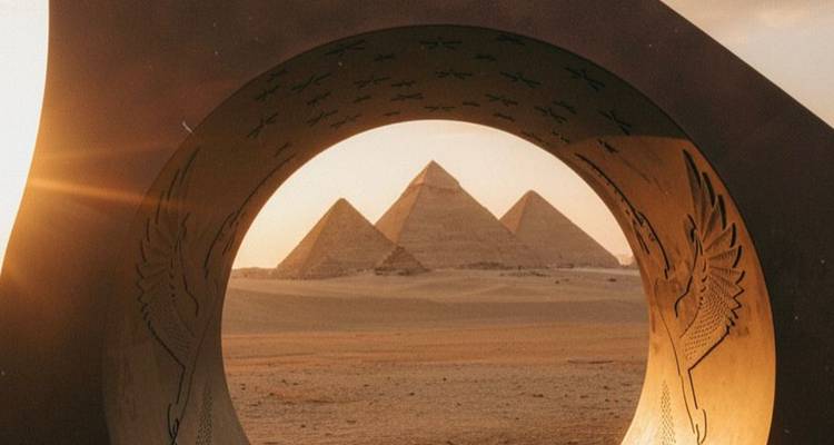 Vue à travers une sculpture circulaire de trois pyramides proéminentes sur un paysage désertique.