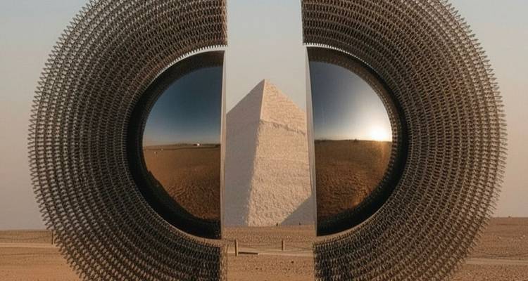 Sculpture moderne avec des surfaces réfléchissantes encadrant une grande pyramide en arrière-plan.