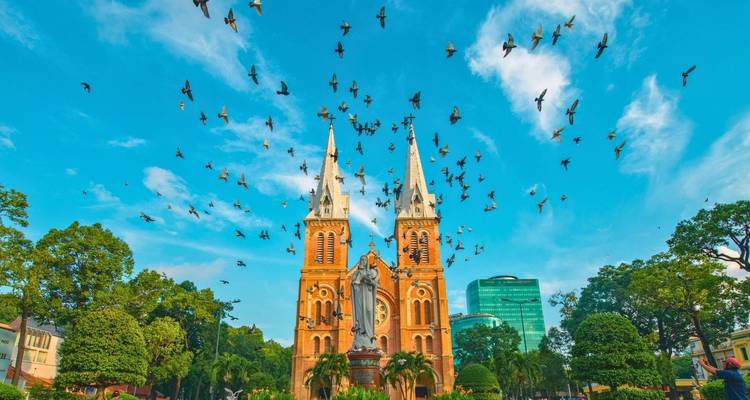Cathedral with flying birds and a statue in the front, under a clear sky.