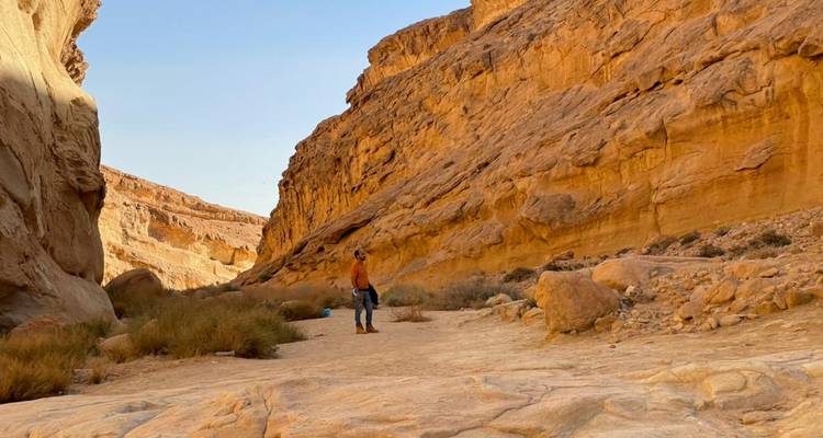 Une personne marchant à travers un canyon rocheux.