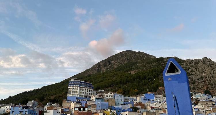 Vue panoramique d'une ville aux toits bleus au pied d'une montagne.