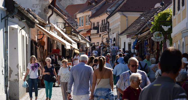 Rue animée avec plusieurs personnes et des bâtiments traditionnels des deux côtés.