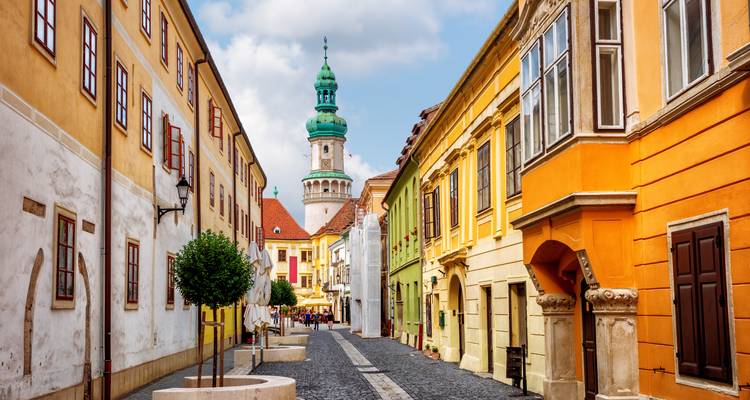 Rue colorée avec des bâtiments historiques jaunes et oranges et un haut clocher d'église.