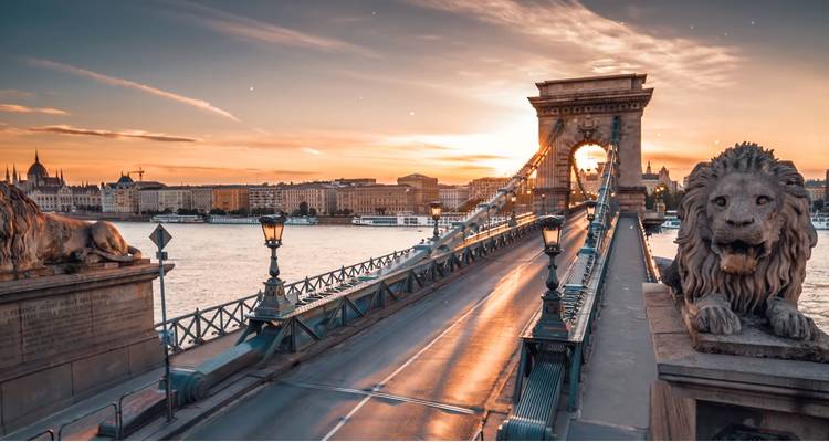 El Puente de las Cadenas brilla al amanecer con estatuas de leones enmarcando la carretera vacía sobre el Danubio.