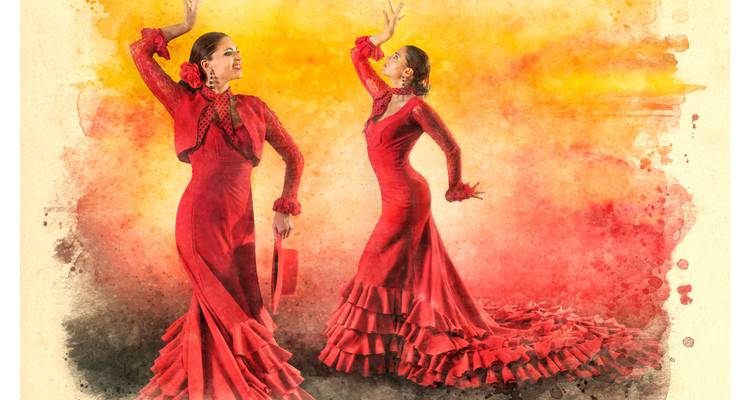 Illustration of flamenco dancers in red dresses.