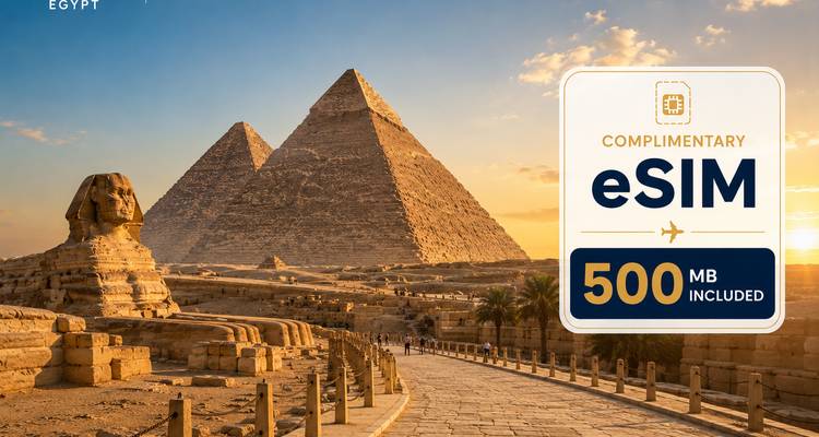 Promotionele afbeelding van de piramides van Giza bij zonsondergang met eSIM-aanbod overlay