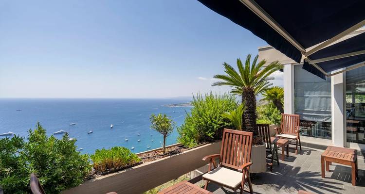 Vue côtière depuis une terrasse avec des chaises et des palmiers.