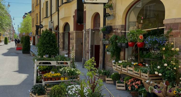 Rue avec fleuriste et fleurs colorées dehors.