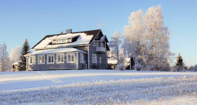 Schneebedecktes Haus umgeben von bereiften Bäumen.