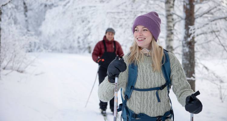 Menschen beim Langlaufen in einem verschneiten Wald.