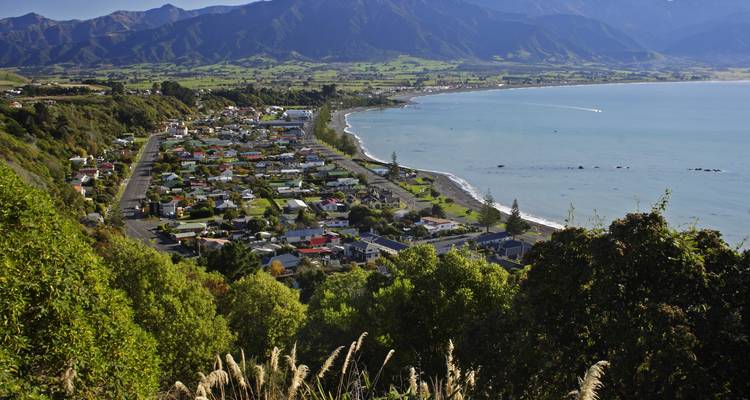 Ville côtière avec des maisons bordant le front de mer et des montagnes en arrière-plan.