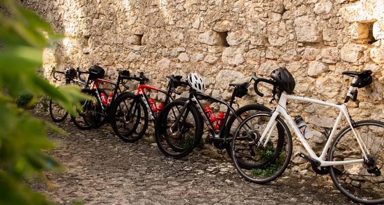 Rangée de vélos posés sur un chemin pavé.