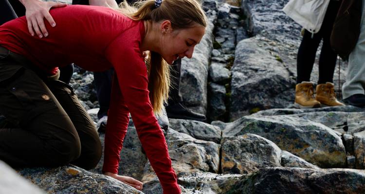 Gros plan d'une personne touchant des rochers pendant une activité de randonnée.
