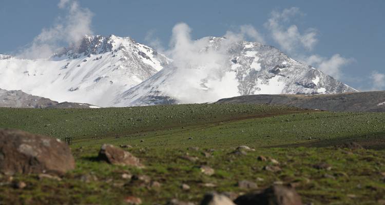 Sommets montagneux enneigés avec un ciel nuageux et un premier plan herbeux.