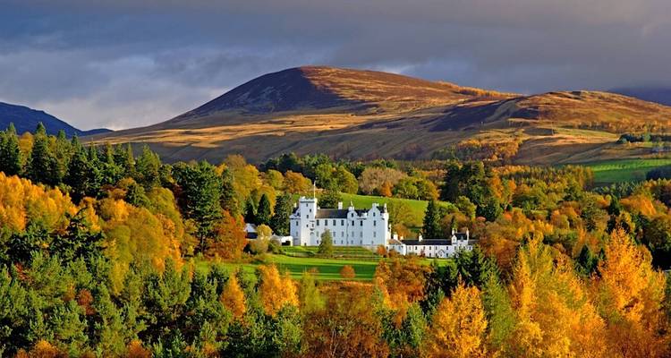 Un château blanc parmi un feuillage d'automne éclatant.