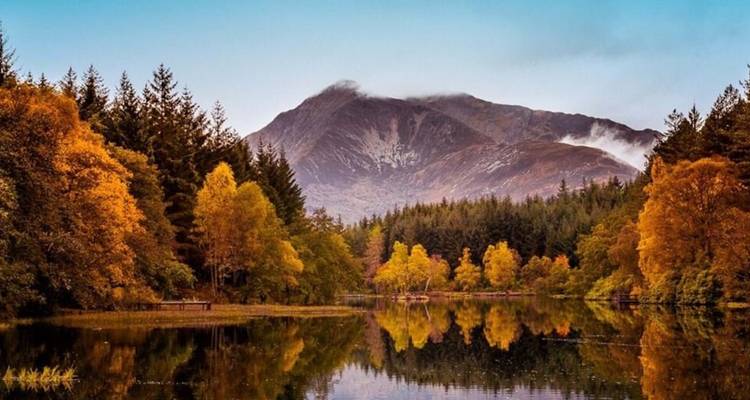 Un cadre de lac serein entouré de forêt d'automne.