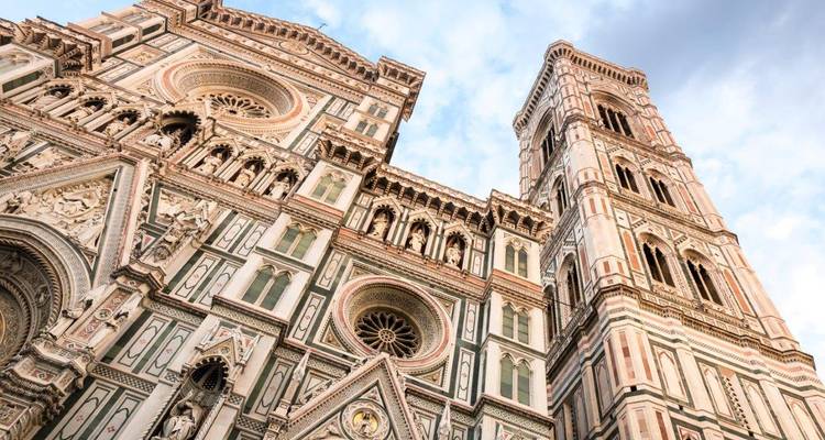 Close-up of Florence Cathedral with intricate architectural details.