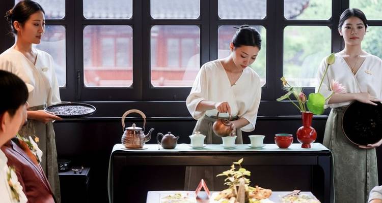 Ceremonia del té siendo realizada en interiores.