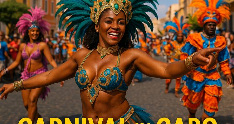 Défilé de carnaval au Cap-Vert avec des gens en costumes colorés.