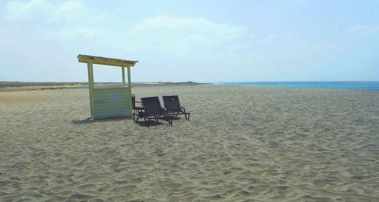 Plage déserte avec deux transats sous un parasol près de l'océan.