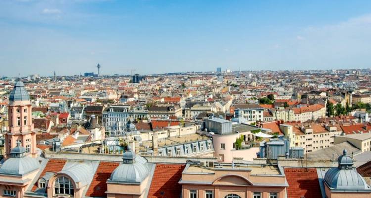 Vista del paisaje urbano de Viena con numerosos tejados.