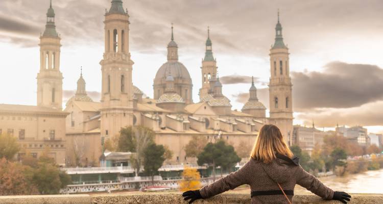 Back view of a woman looking at the Basilica del Pilar in Zaragoza.