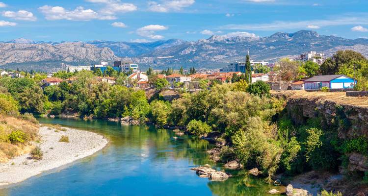 Rivierlandschap met bomen en verre bergen.