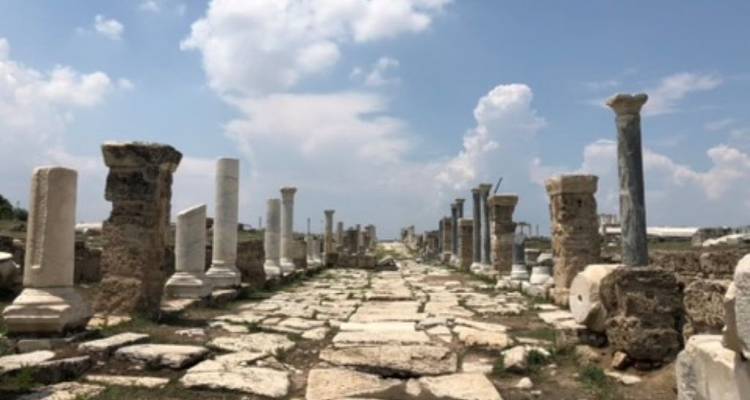 Pathway through ancient columns in a ruin site