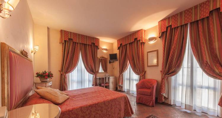Interior of a luxurious hotel room with elegant decorations.