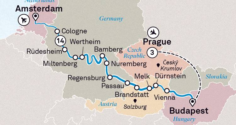 Karte einer europäischen Reiseroute von Budapest nach Amsterdam.