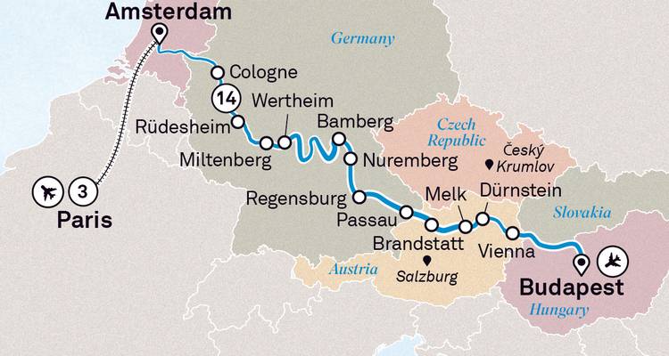 Carte illustrant un itinéraire de voyage à travers les principales villes européennes.