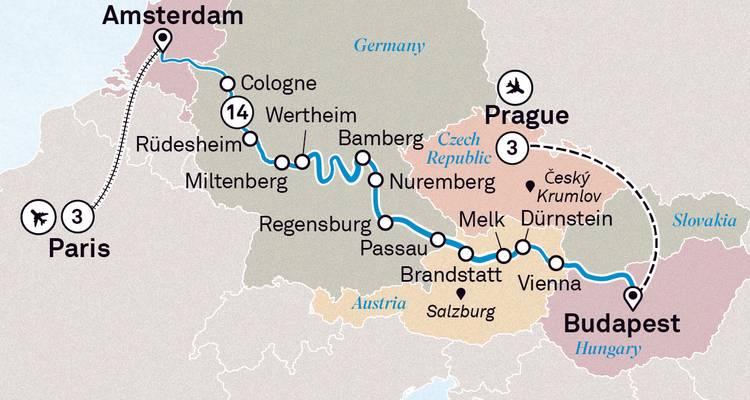 Karte mit Reiseroute in Europa zwischen Amsterdam und Budapest.